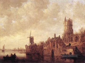 Fluss Landschaft mit einer Windmühle und eine Burgruine Jan van Goyen Ölgemälde